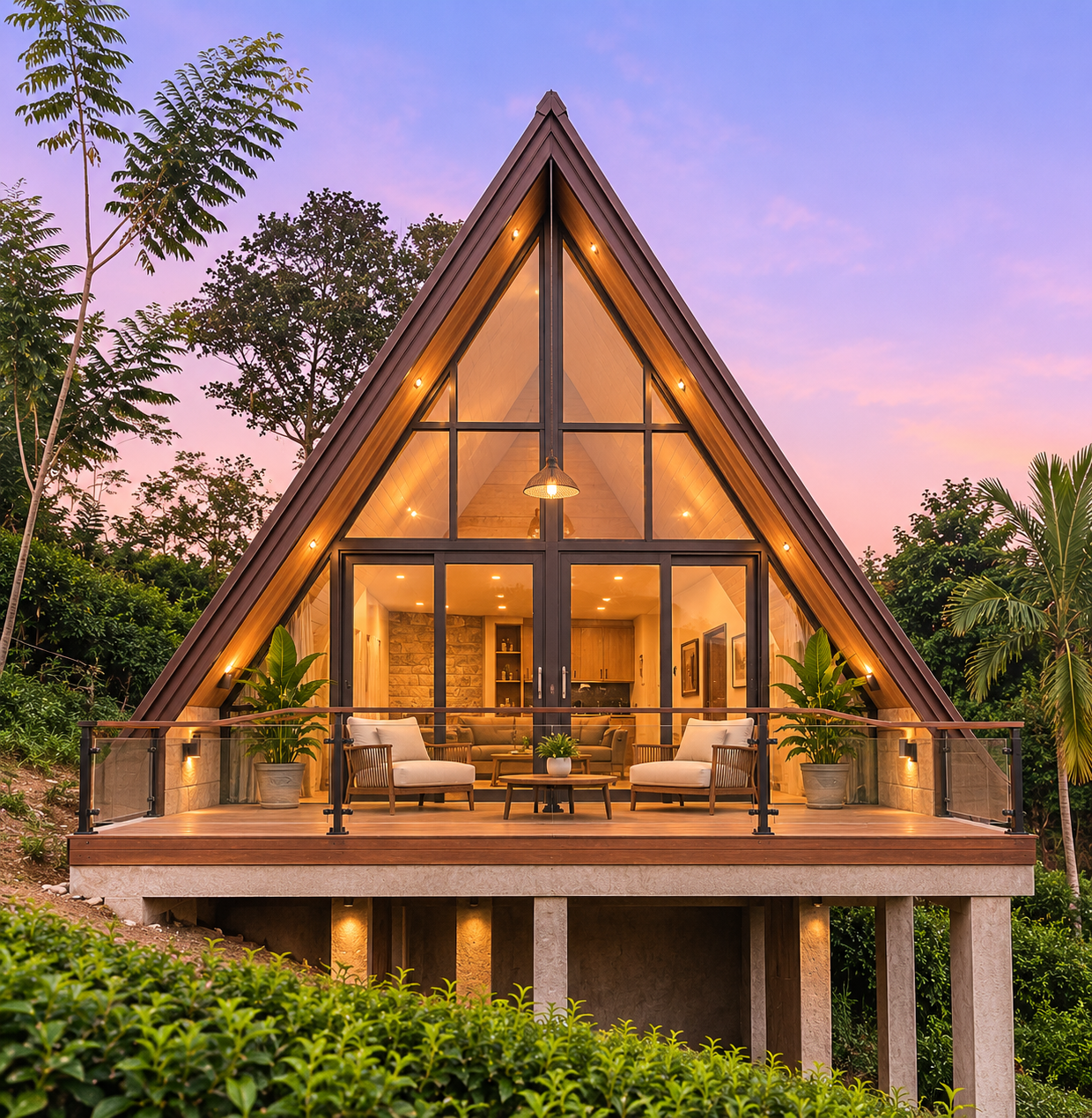 A-frame cabana at dusk surrounded by rainforest